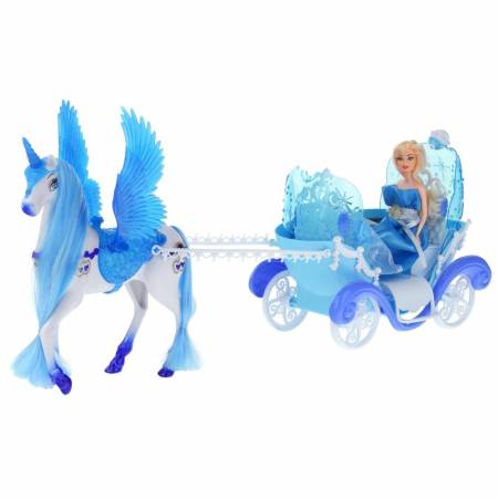 Niebieska Kareta Lalka Koń Pegaz Świecący Róg -55101
