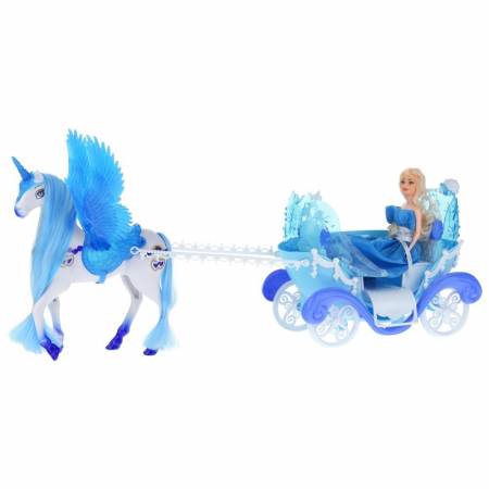 Niebieska Kareta Lalka Koń Pegaz Świecący Róg -55103