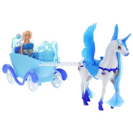 Niebieska Kareta Lalka Koń Pegaz Świecący Róg -55104